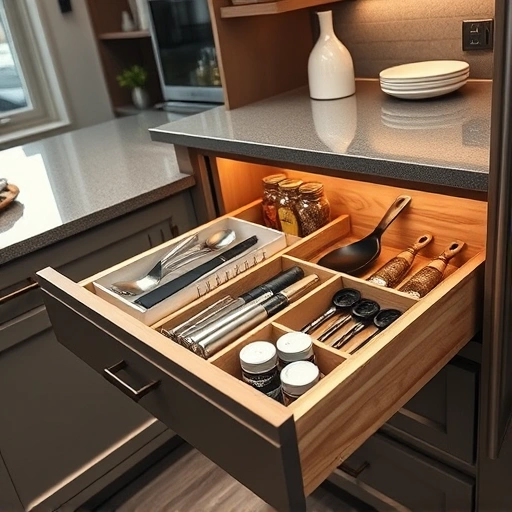Drawer organizer installation in the Triangle area showcasing a neatly arranged kitchen drawer with utensils and spices.