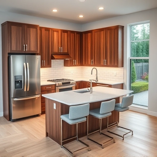 New kitchen installation in Garner NC featuring walnut cabinetry, quartz island, stainless steel appliances, and natural light.