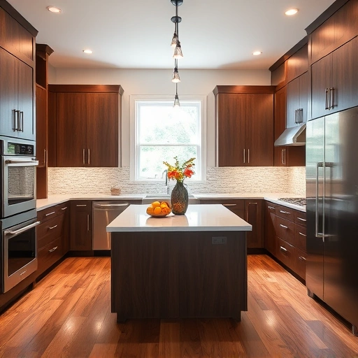 Modern kitchen installation in Pittsboro NC featuring walnut cabinetry, white quartz countertops, and stainless steel appliances.