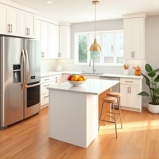 New kitchen installation in Wilson's Mills NC with modern white cabinetry, quartz countertops, and stainless steel appliances.