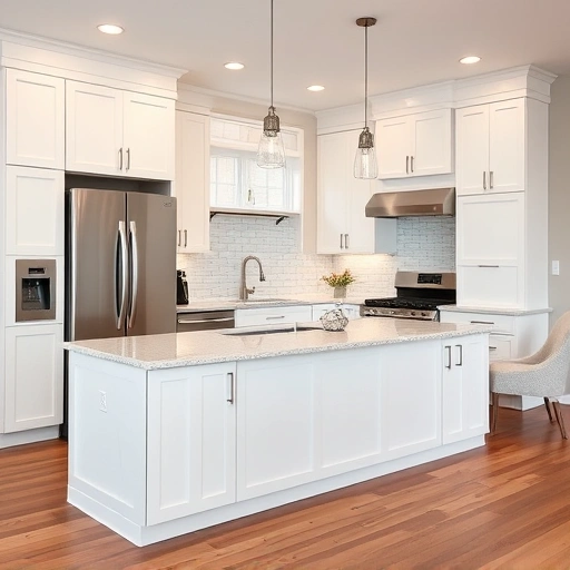 Modern kitchen installation in Dunn NC featuring white cabinetry, quartz countertops, stainless steel appliances, and hardwood floors.