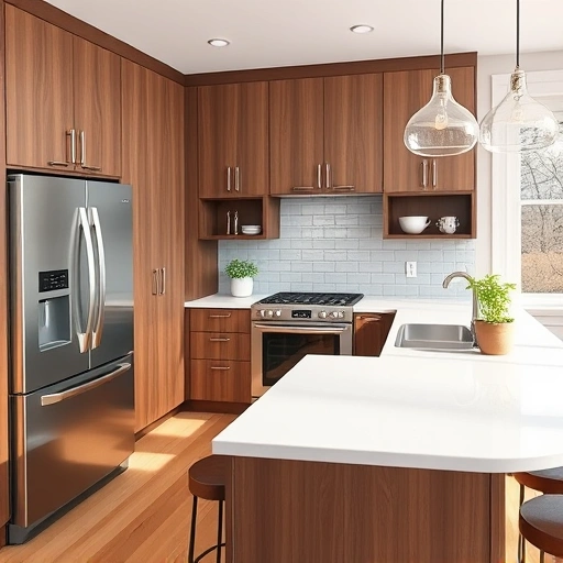 Modern kitchen in Wendell, NC features walnut cabinetry, white quartz countertops, and stainless steel appliances.