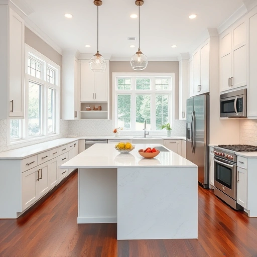 Spacious remodeled kitchen in Apex NC with modern white cabinetry, quartz countertops, and stylish pendant lights.