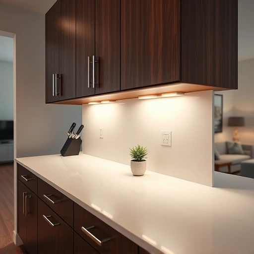 Under-cabinet lighting installation in a modern kitchen with dark wood cabinets and warm white LED illumination.