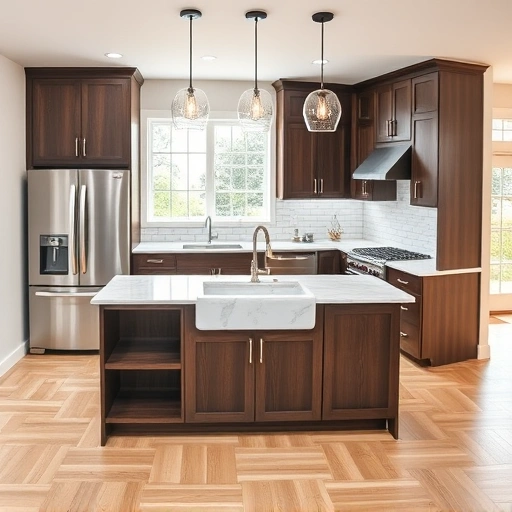Modern kitchen installation in Princeton NC featuring stainless steel appliances, dark wood cabinetry, and white marble countertops.