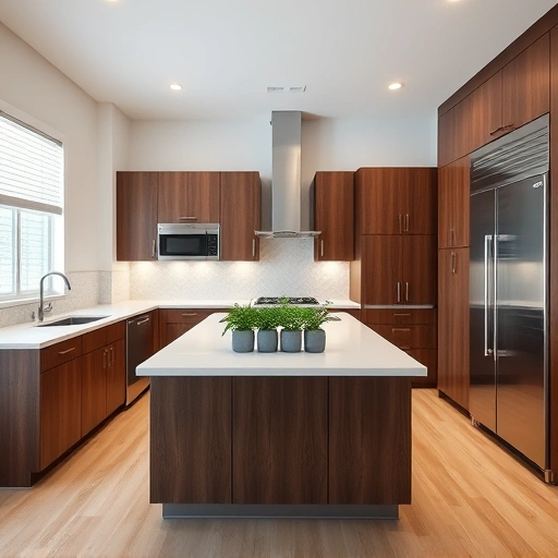 New kitchen installation in Morrisville NC featuring walnut cabinetry, quartz countertops, stainless steel appliances, and herringbone backsplash.