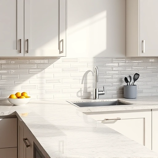 Completed kitchen backsplash installation in the Triangle area with glossy subway tiles in soft neutral colors and polished granite countertop.