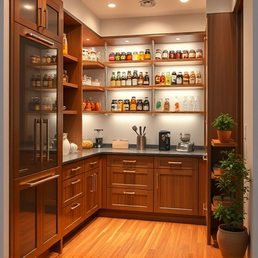 Custom kitchen pantry in the Triangle area with elegant cabinetry, organized shelves, ambient lighting, and a herb garden.