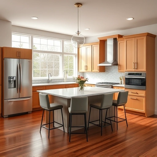 Modern Carrboro kitchen with sleek cabinetry, quartz countertops, large island, and stylish decor in natural light.