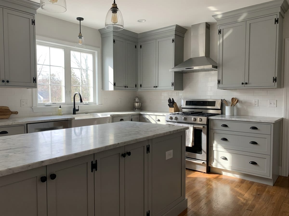 Kitchen cabinet painting and hardware refresh in contemporary soft grey