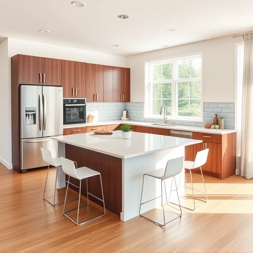Modern kitchen installation in Apex NC features a sleek island, elegant cabinetry, high-end appliances, and natural light.