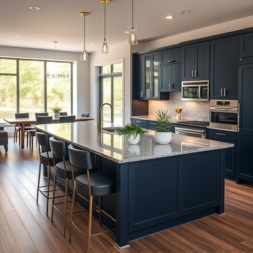 Modern kitchen peninsula installation in the Triangle area with navy cabinetry, granite countertops, and stylish bar stools.