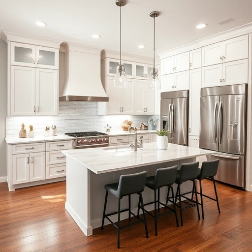 Spacious modern kitchen remodel in Apex NC with white cabinetry, quartz countertops, and stainless steel appliances.