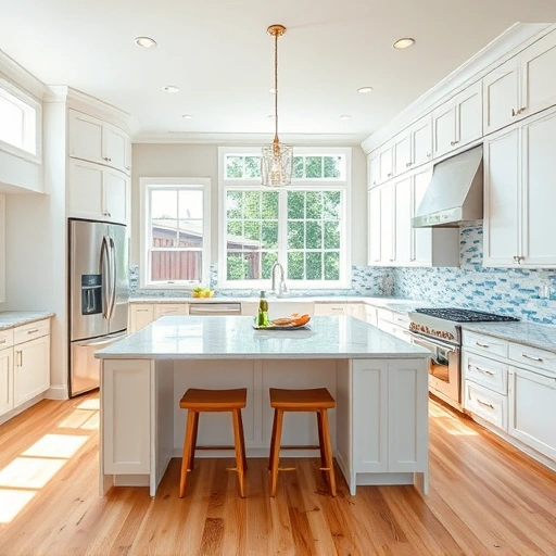 Bright modern kitchen in Apex NC with white cabinetry, quartz countertops, mosaic backsplash, and cozy breakfast nook.