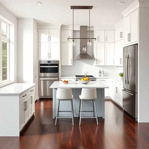 Modern kitchen installation in Louisburg NC featuring white and gray cabinetry, quartz countertops, and stainless steel appliances.