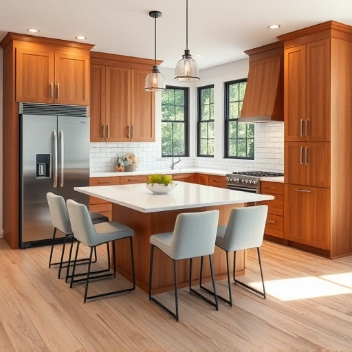 Spacious kitchen remodel in Apex, NC with warm wood cabinetry, quartz countertops, and modern appliances.