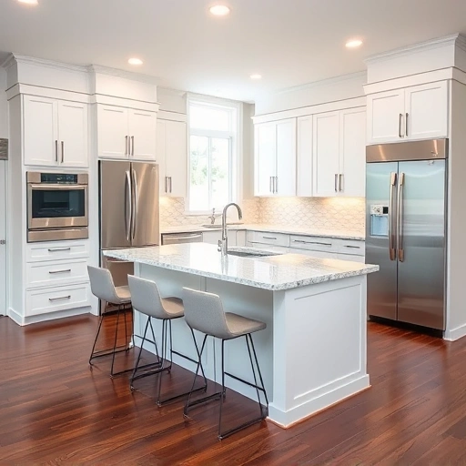Modern kitchen installation in Clayton NC with white cabinetry, marble countertop, and dark hardwood flooring.