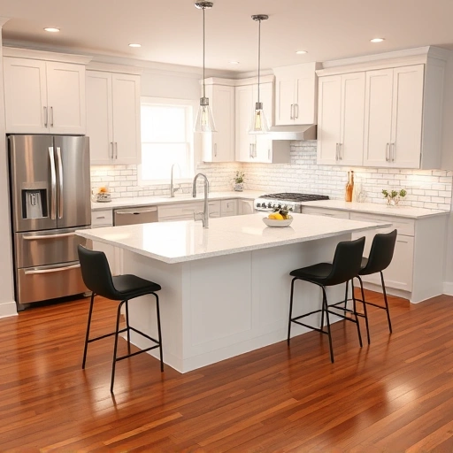 Modern kitchen in Kenly NC with white cabinetry, quartz countertops, island, stainless steel appliances, and natural light.
