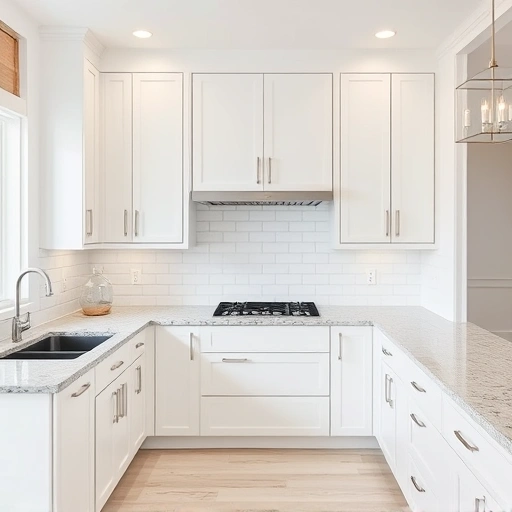 A modern kitchen in the Triangle area featuring elegant white cabinetry, polished granite countertops, and stylish subway tile backsplash.