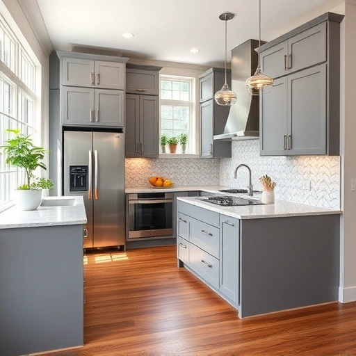Modern kitchen installation in Rolesville NC features gray cabinetry, quartz countertops, stainless appliances, and hardwood flooring.