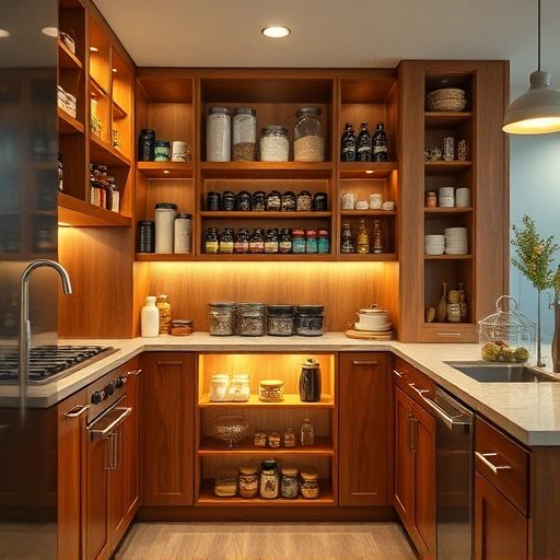Spacious kitchen pantry build-out in the Triangle area with custom wood cabinetry, organized jars, and warm LED lighting.