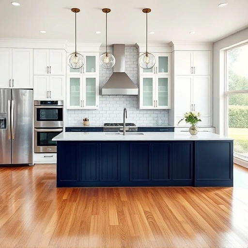 Modern kitchen in Fuquay-Varina NC with white and navy cabinetry, quartz countertops, and natural wood flooring.
