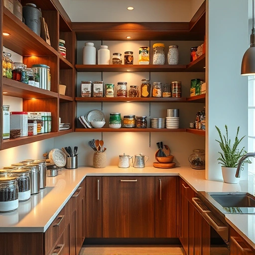 Completed kitchen pantry in the Triangle area with organized shelves, stylish containers, and warm lighting for a welcoming atmosphere.