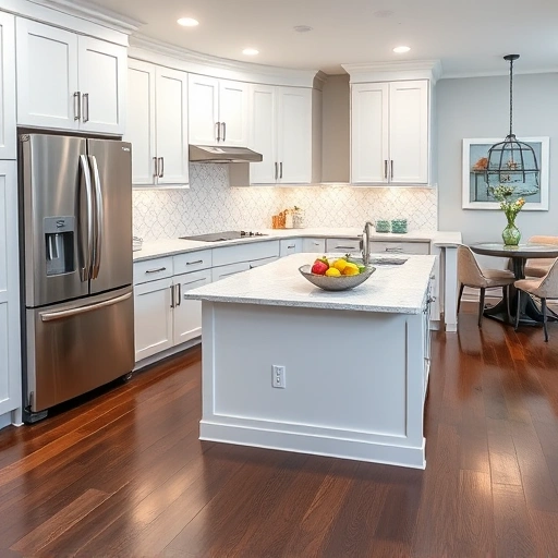 New kitchen installation in Garner NC with modern white cabinetry, quartz countertop, and elegant tile backsplash.