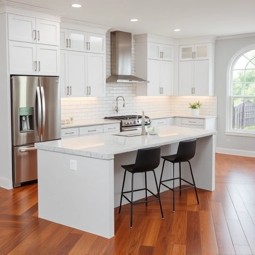 Modern kitchen in Zebulon NC with white cabinetry, stainless steel appliances, quartz countertops, and hardwood flooring.