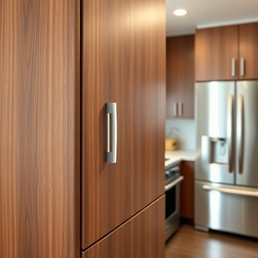 Soft-close hinge installation in a modern kitchen showcasing sleek cabinets, rich wood grain, and elegant design.