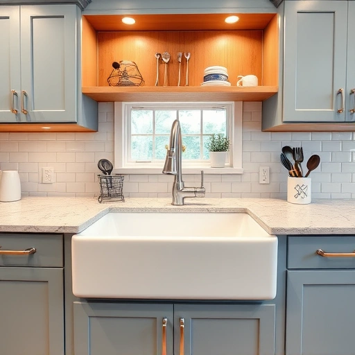 Modern farmhouse kitchen sink installation in the Triangle area features white porcelain sink, chrome faucet, gray granite, and blue cabinetry.