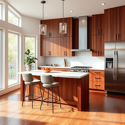 New kitchen installation in Morrisville NC featuring walnut cabinetry, quartz countertops, and stainless steel appliances.