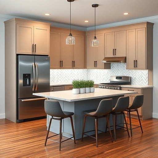 New kitchen installation in Garner NC featuring modern cabinetry, quartz countertops, and elegant lighting fixtures.