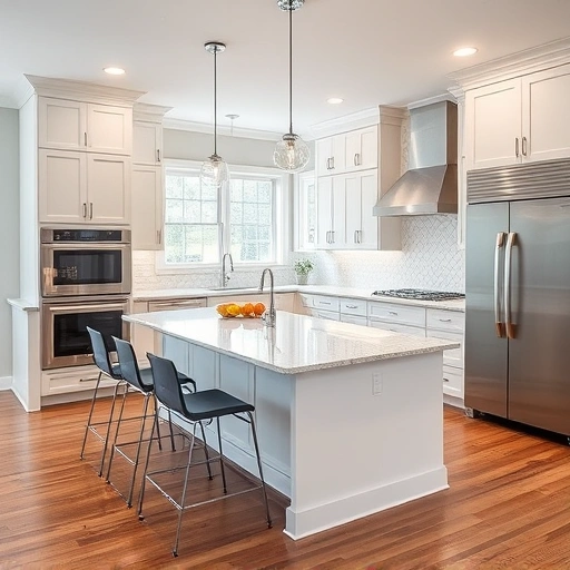 Modern kitchen remodel in Apex, NC with white cabinets, quartz island, herringbone backsplash, and stainless appliances.
