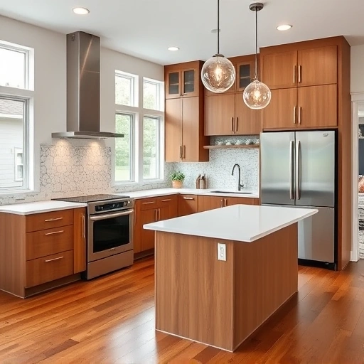 New kitchen in Garner, NC with modern wood cabinetry, white quartz countertops, stainless steel appliances, and elegant lighting.