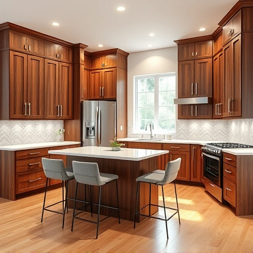 New kitchen installation in Archer Lodge NC features walnut cabinetry, quartz countertops, and modern appliances.