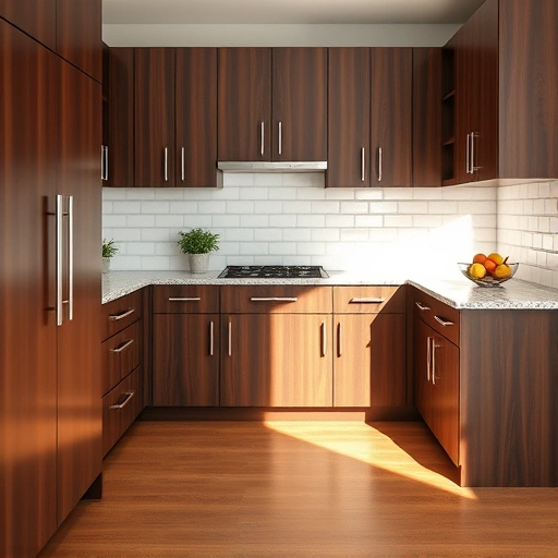 Modern kitchen cabinet installation in the Triangle area featuring dark wood cabinetry, granite countertop, and stylish subway tile.