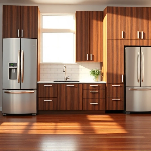 Modern kitchen in the Triangle area featuring walnut cabinetry, quartz countertops, and warm natural light. Elegant design.
