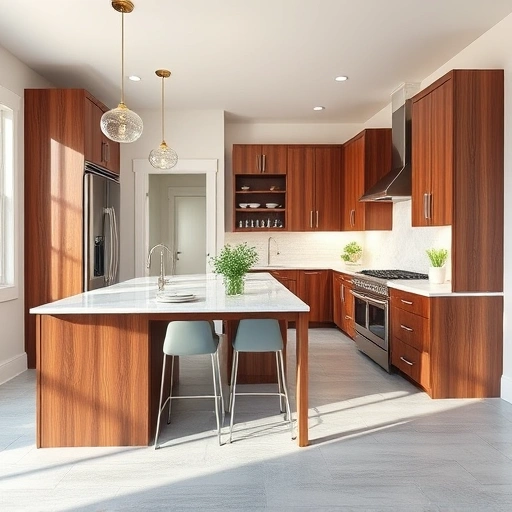 Modern kitchen installation in Zebulon NC features walnut cabinetry, quartz countertops, and stainless steel appliances.