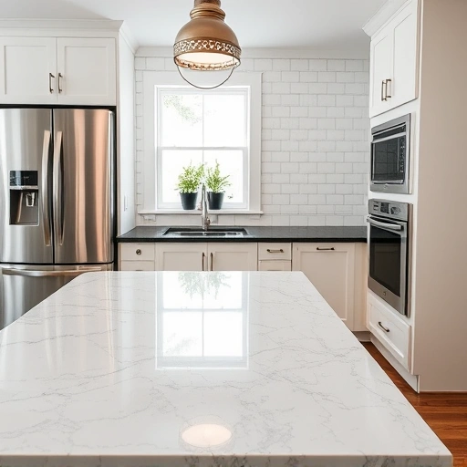 Completed kitchen backsplash installation in the Triangle area featuring glossy white subway tiles, granite countertops, and modern appliances.