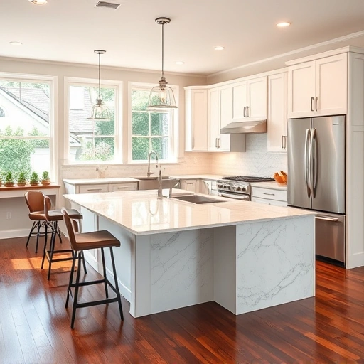 Bright, modern kitchen remodel in Apex NC with white cabinetry, quartz countertops, herringbone backsplash, and hardwood floors.