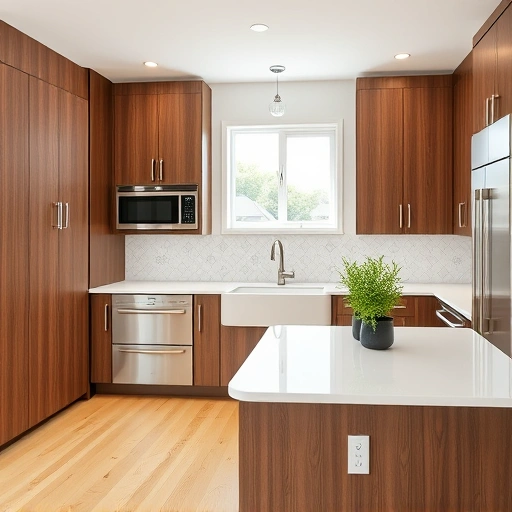 Modern kitchen installation in Fuquay-Varina NC features walnut cabinetry, quartz countertops, farmhouse sink, and artistic backsplash.