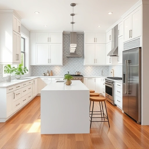 Modern kitchen with white cabinetry, quartz countertops, central island, stainless steel appliances, and natural light.