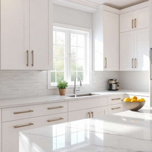 Modern kitchen in the Triangle area with white cabinetry, brushed nickel hardware, quartz countertops, and natural light.