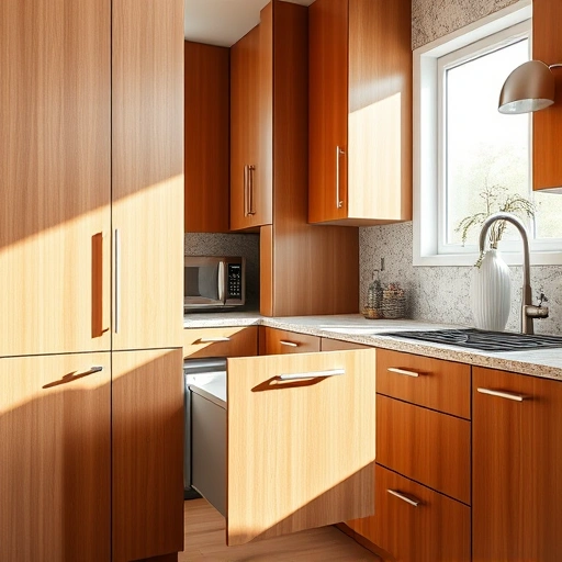 Trash pull-out cabinet installation in a modern kitchen with warm wood tones and polished granite countertops in the Triangle area.