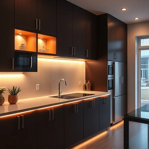 Under-cabinet lighting installation in a modern kitchen with sleek cabinetry and warm LED glow enhancing the space.