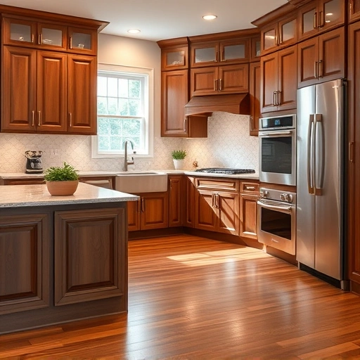 Completed semi-custom kitchen in the Triangle area featuring rich cabinetry, quartz island, stainless appliances, and farmhouse sink.