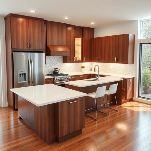 New kitchen installation in Hillsborough NC featuring walnut cabinetry, white quartz countertops, and stainless steel appliances.