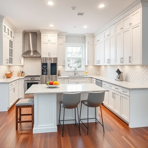 Modern kitchen installation in Fuquay-Varina NC with white cabinetry, granite countertops, and stainless steel appliances.