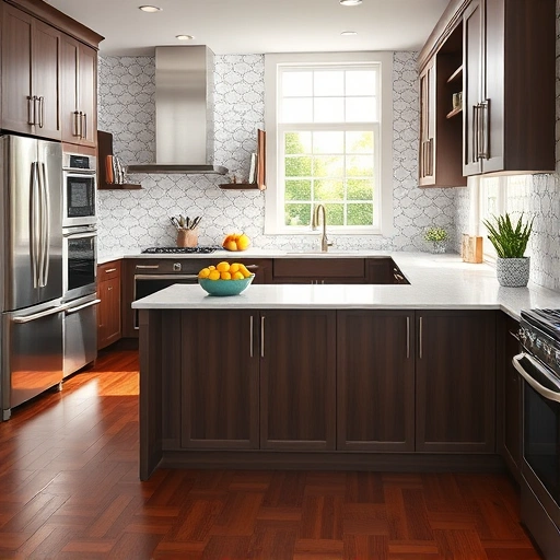Modern kitchen in Youngsville NC featuring stainless steel appliances, quartz island, dark wood cabinetry, and bright decor.